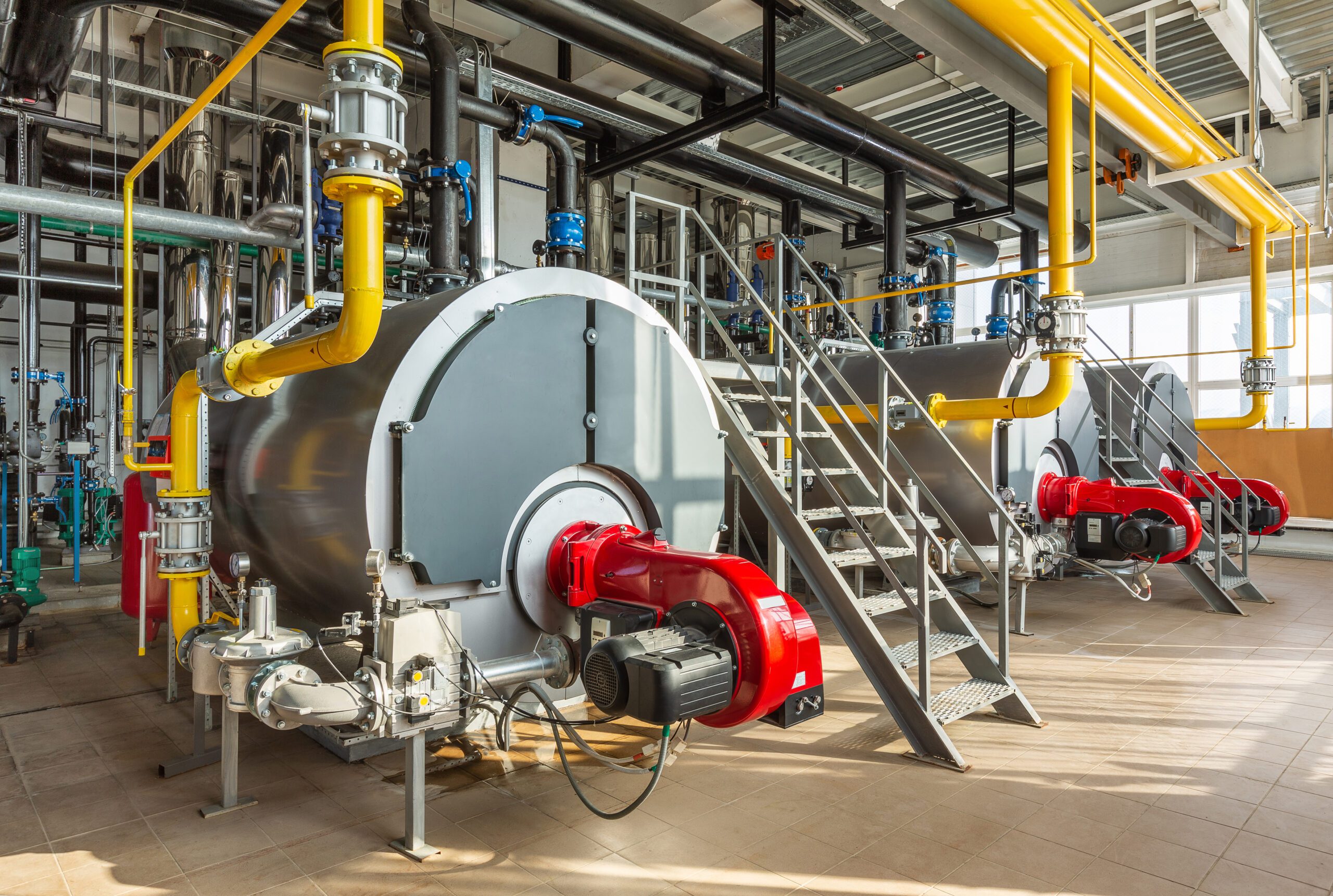 Interior of an industrial boiler room with three large boilers